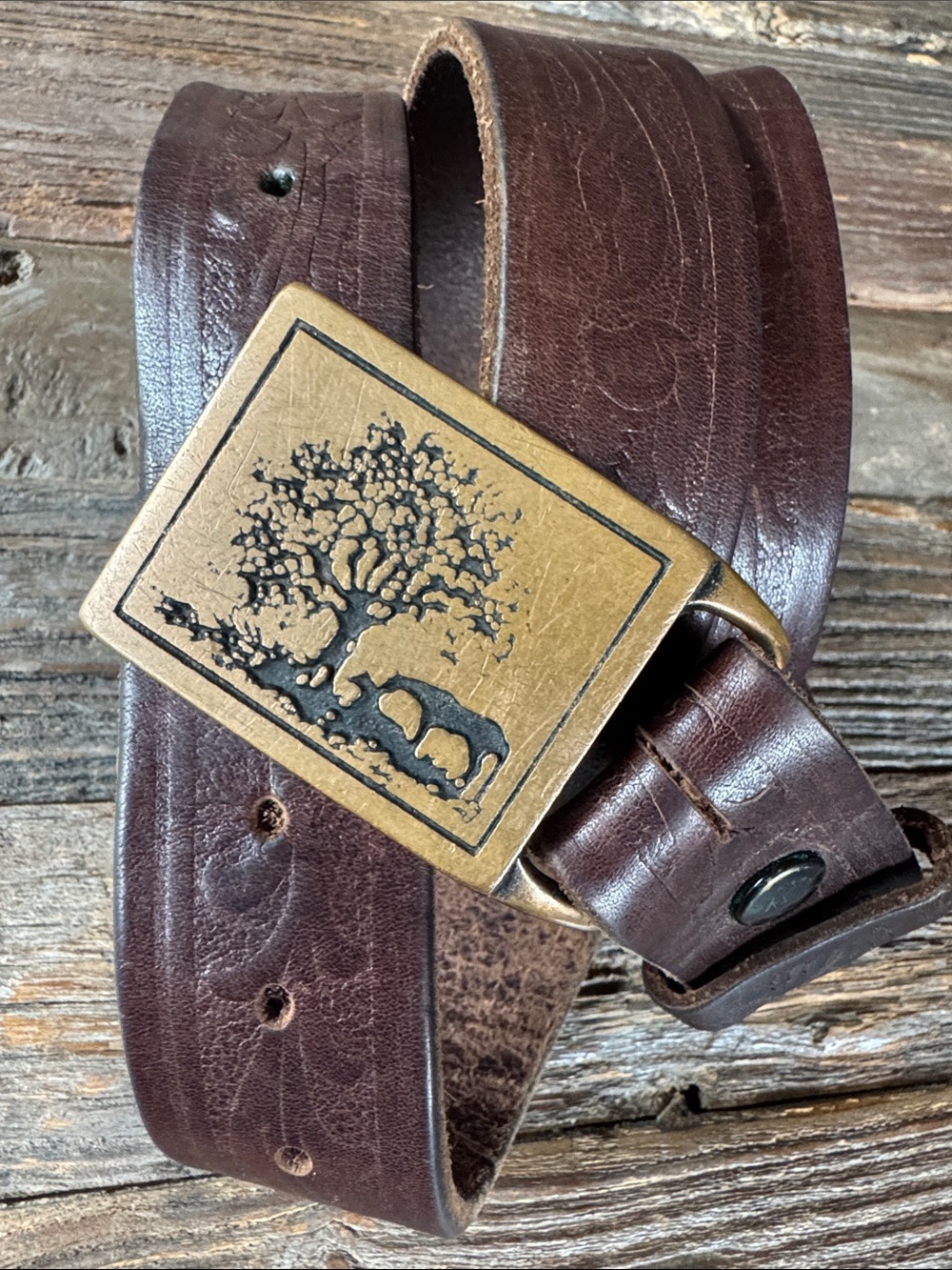 Two Horses 1979 brass belt buckle Tech-ether Guild  tooled leather belt 40-46”